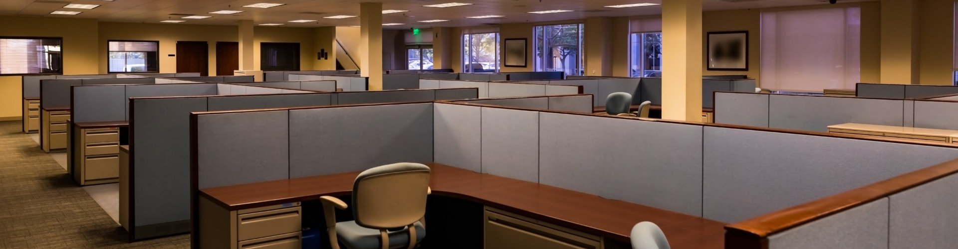 An empty office space with furnished cubicles ready to be occupied.